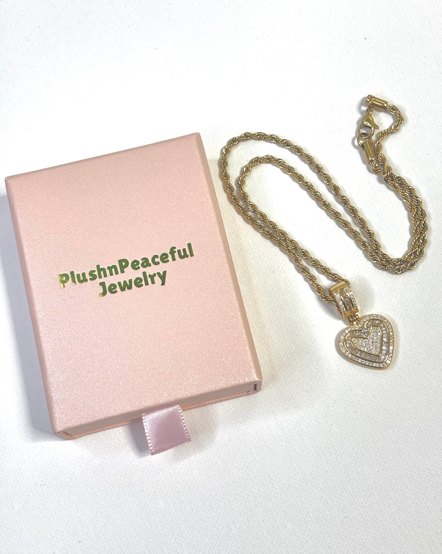 Iced Heart Baguette Pendant Necklace, Gold Rope Chain, Luxury Dainty Jewelry