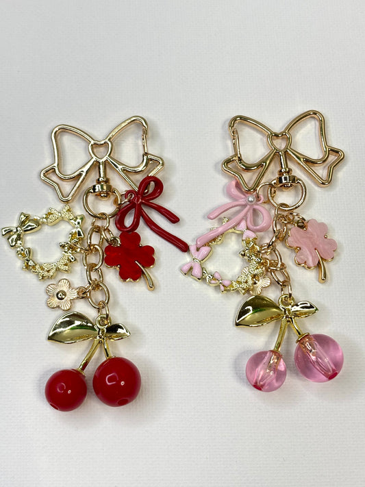 Cherry Blossom Butterfly Heart Clover Keychain, Girly Bag Charm, Kawaii Purse Accessory