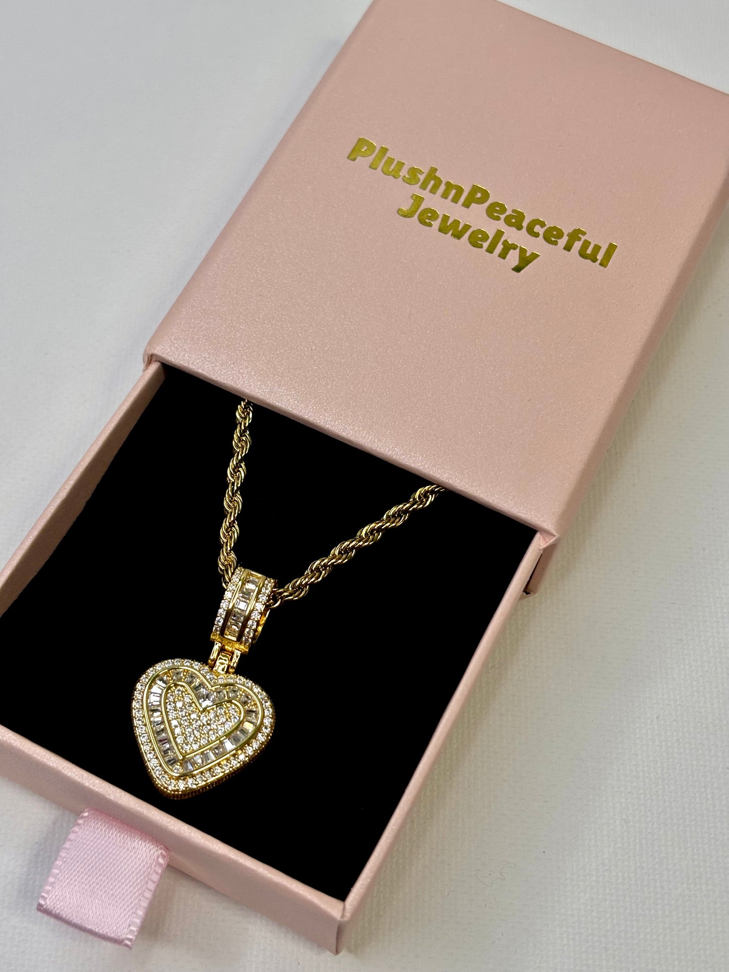 Iced Heart Baguette Pendant Necklace, Gold Rope Chain, Luxury Dainty Jewelry