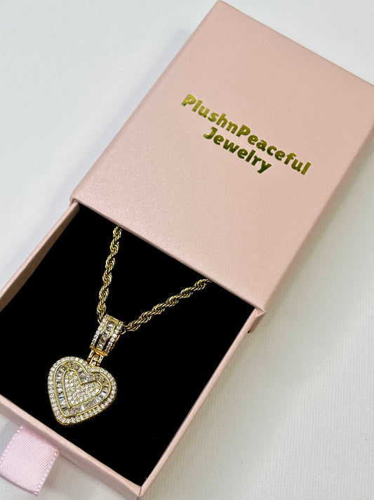 Iced Heart Baguette Pendant Necklace, Gold Rope Chain, Luxury Dainty Jewelry