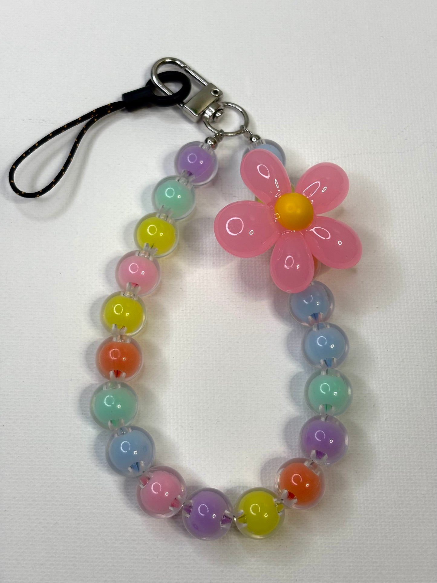 Beaded Flower Phone Lanyard Wrist Strap, Crystal Charm Keychain Accessory