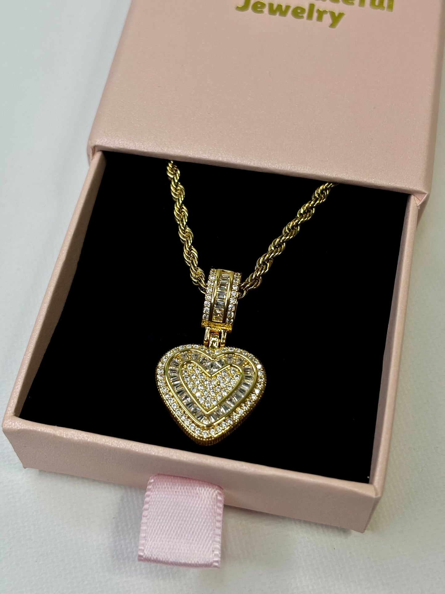 Iced Heart Baguette Pendant Necklace, Gold Rope Chain, Luxury Dainty Jewelry