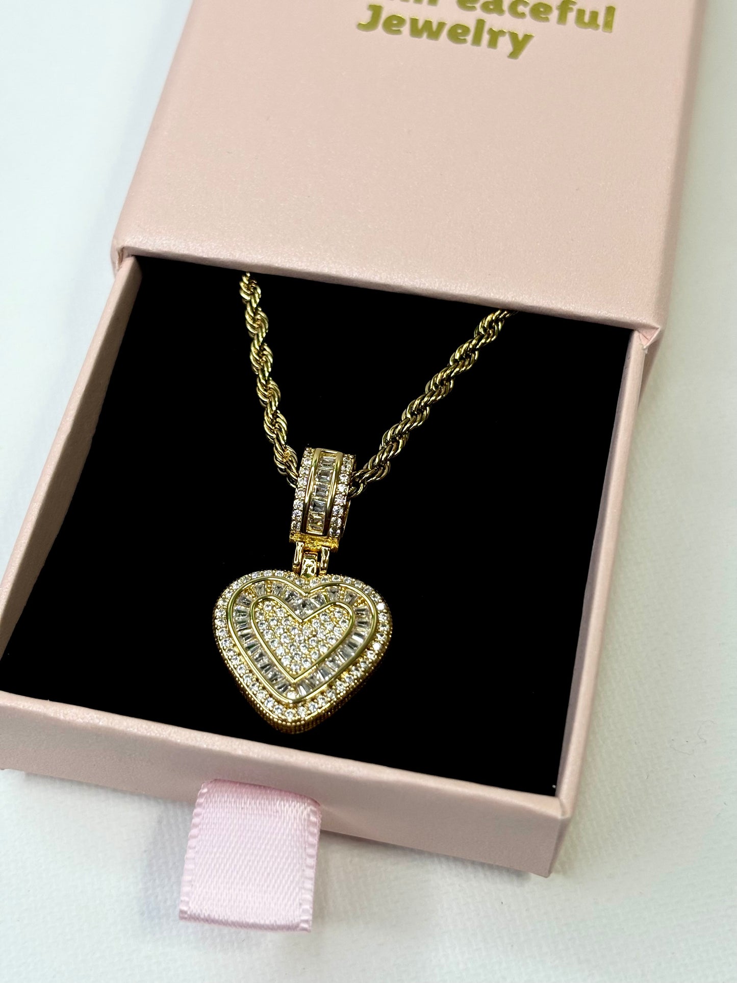 Iced Heart Baguette Pendant Necklace, Gold Rope Chain, Luxury Dainty Jewelry