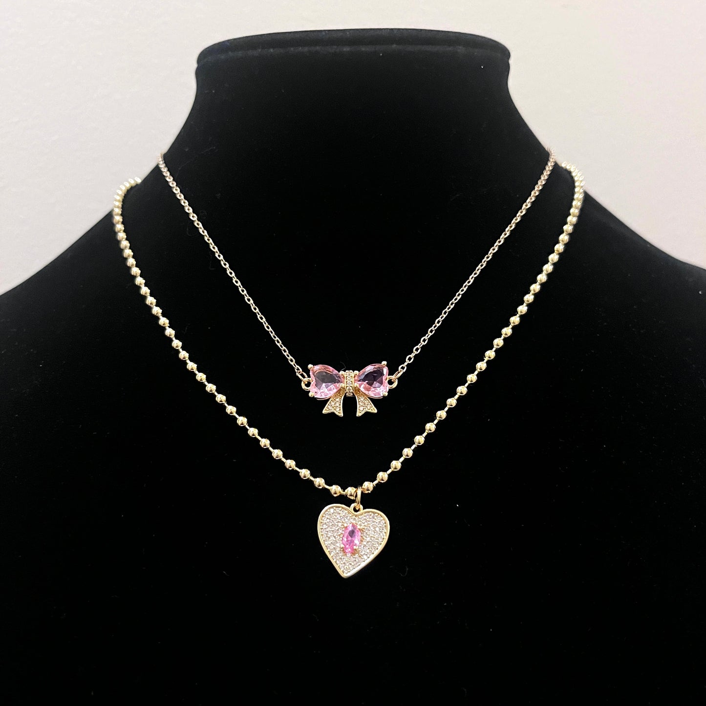 Pink Bow & Gold Heart Necklace Set – Layered Jewelry, Coquette Necklace, Feminine Gift