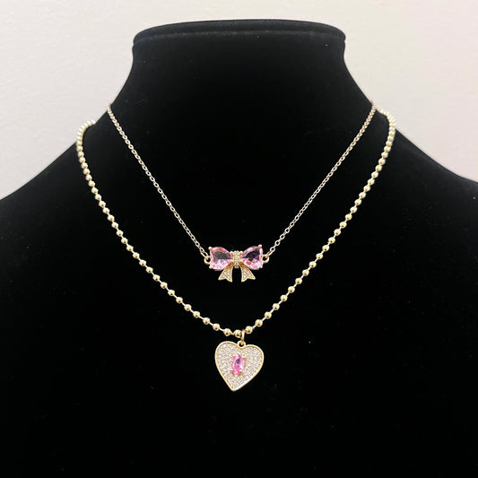 Pink Bow & Gold Heart Necklace Set – Layered Jewelry, Coquette Necklace, Feminine Gift