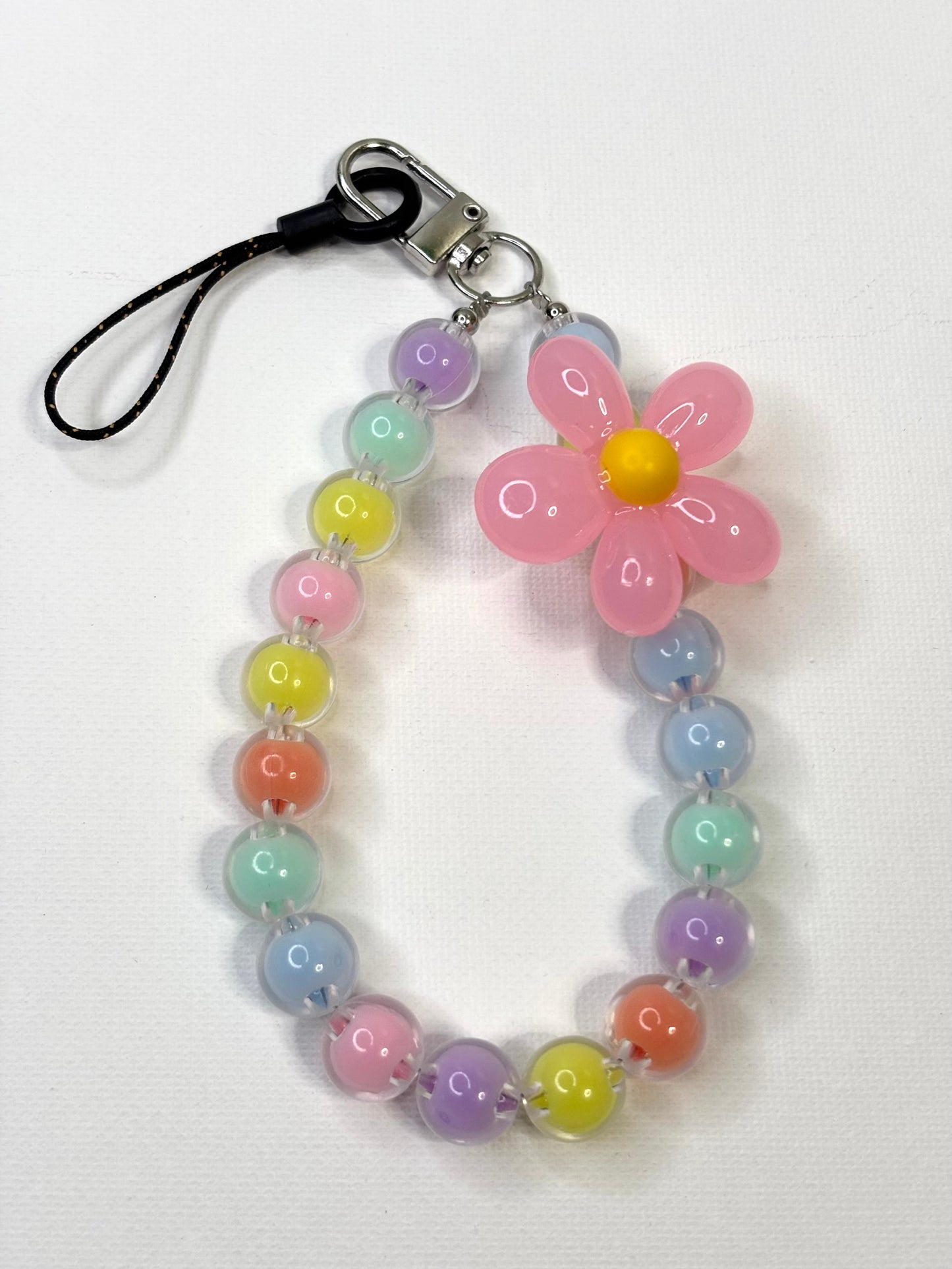 Beaded Flower Phone Lanyard Wrist Strap, Crystal Charm Keychain Accessory