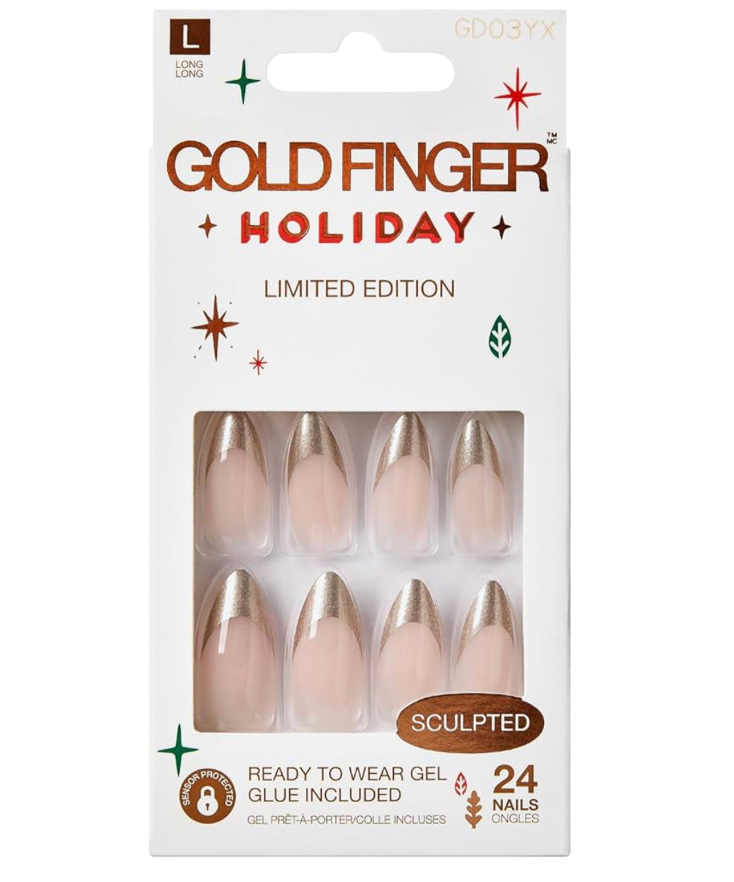 24 Pcs Gold Finger Gold Sparkles Flake Press On Nails - Glue On Nails