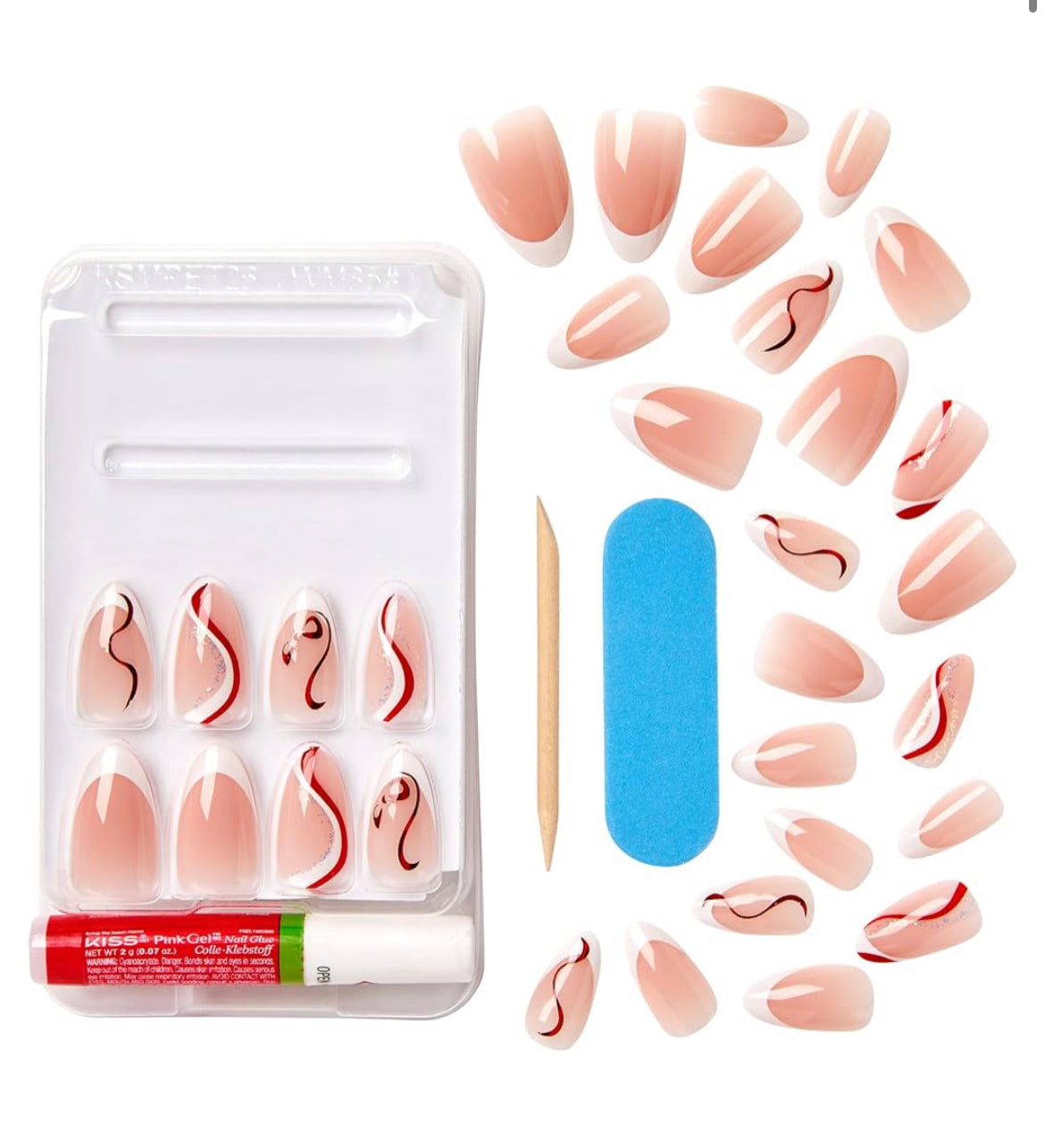 KISS Voguish Fantasy Glue-On Nails, Pine Trees, White, Medium Size, Almond Shape, 28 Nails, 2g glue, 1 Manicure Stick, 1 Mini File