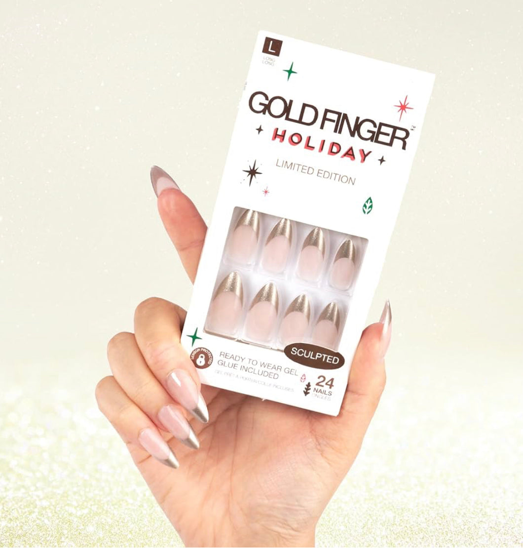 24 Pcs Gold Finger Gold Sparkles Flake Press On Nails - Glue On Nails