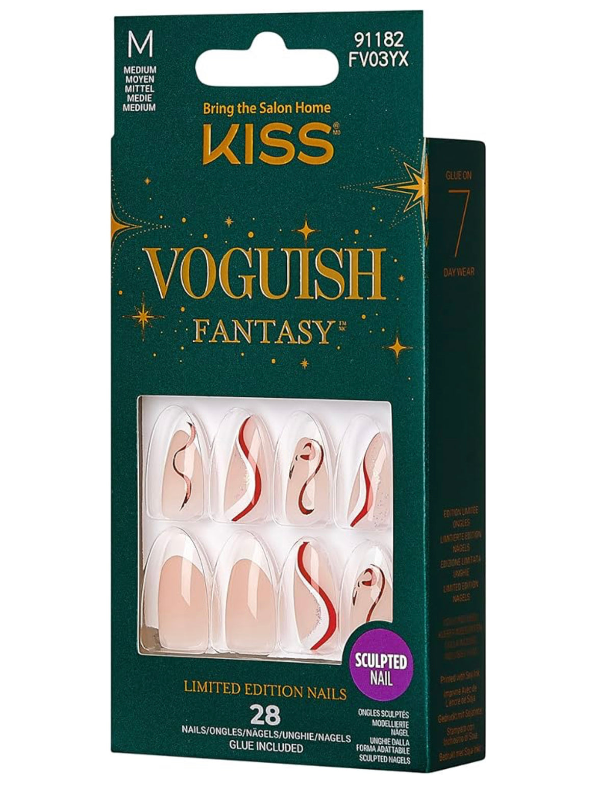 KISS Voguish Fantasy Glue-On Nails, Pine Trees, White, Medium Size, Almond Shape, 28 Nails, 2g glue, 1 Manicure Stick, 1 Mini File