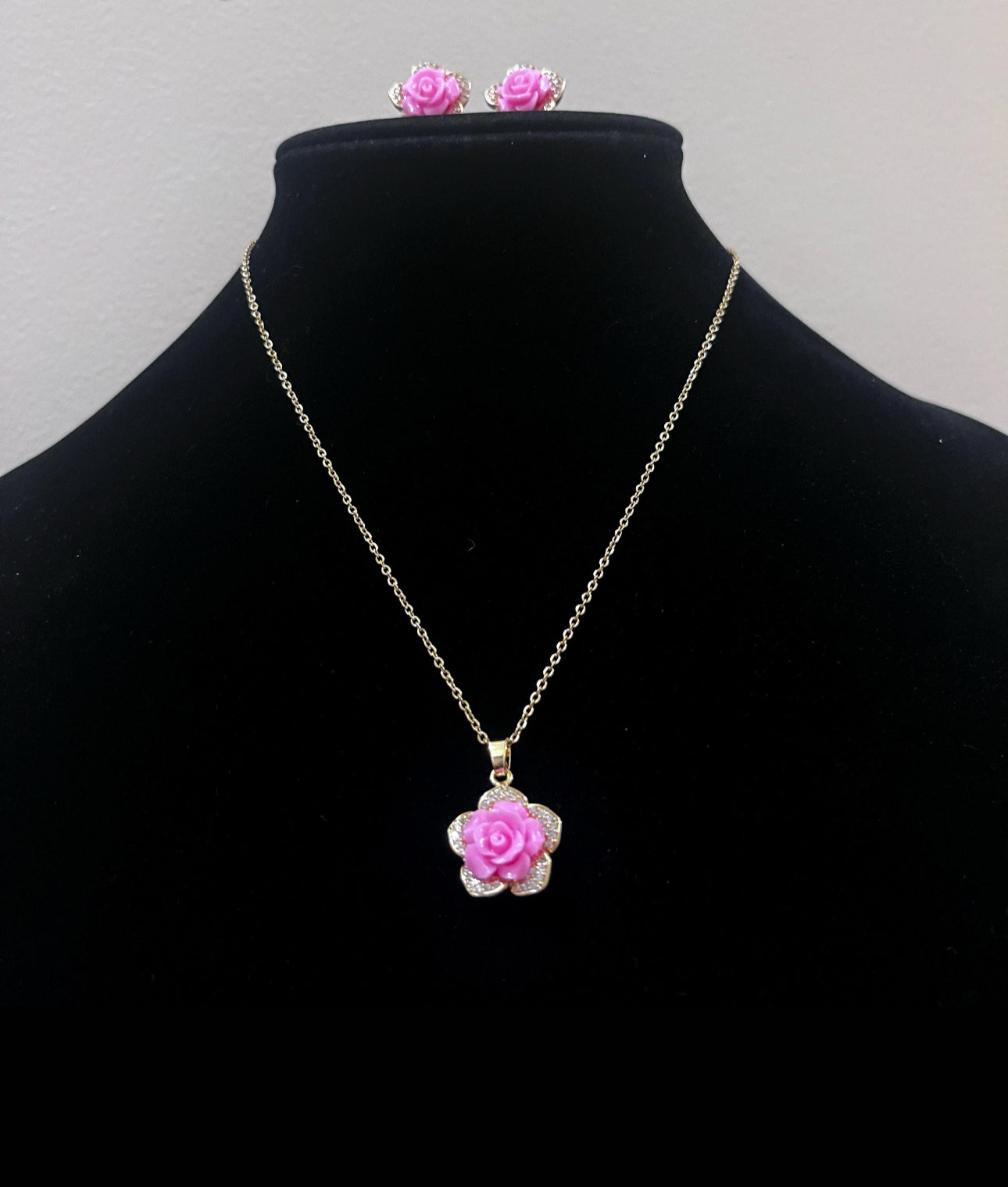 Pink Rose Necklace & Earrings Set Gold Rhinestone Jewelry Floral Jewelry Gift for Teen Girl Bridesmaid or Party Jewelry