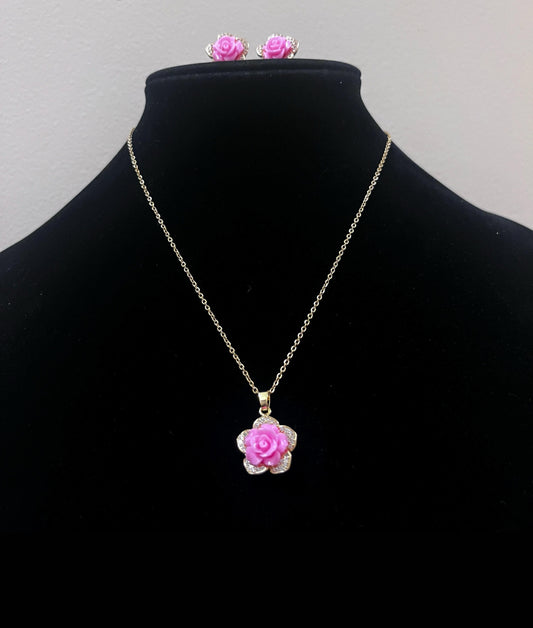Pink Rose Necklace & Earrings Set Gold Rhinestone Jewelry Floral Jewelry Gift for Teen Girl Bridesmaid or Party Jewelry