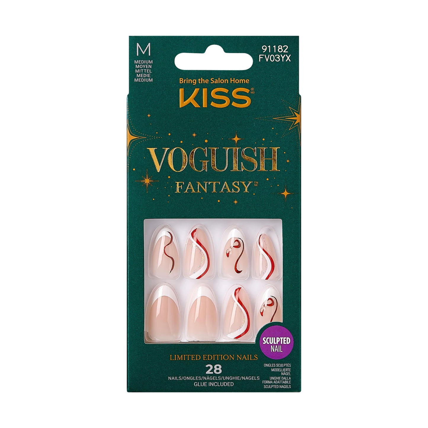 KISS Voguish Fantasy Glue-On Nails, Pine Trees, White, Medium Size, Almond Shape, 28 Nails, 2g glue, 1 Manicure Stick, 1 Mini File