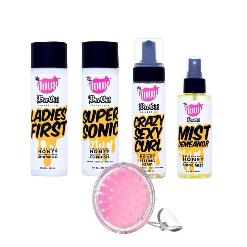 Doux Honey Bundle Set - Ladies First Shampoo & Super Sonic Conditioner with CrazySexyCurl Foam Mousse & Honey Shine Mist Spray with Shampoo Brush