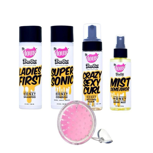 Doux Honey Bundle Set - Ladies First Shampoo & Super Sonic Conditioner with CrazySexyCurl Foam Mousse & Honey Shine Mist Spray with Shampoo Brush