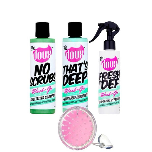 The Doux Wash & Go Bundle No Scrubs Wash & Go Exfoliating Shampoo + Conditioner + Leave-In Conditioner + Shampoo Brush Haircare Set