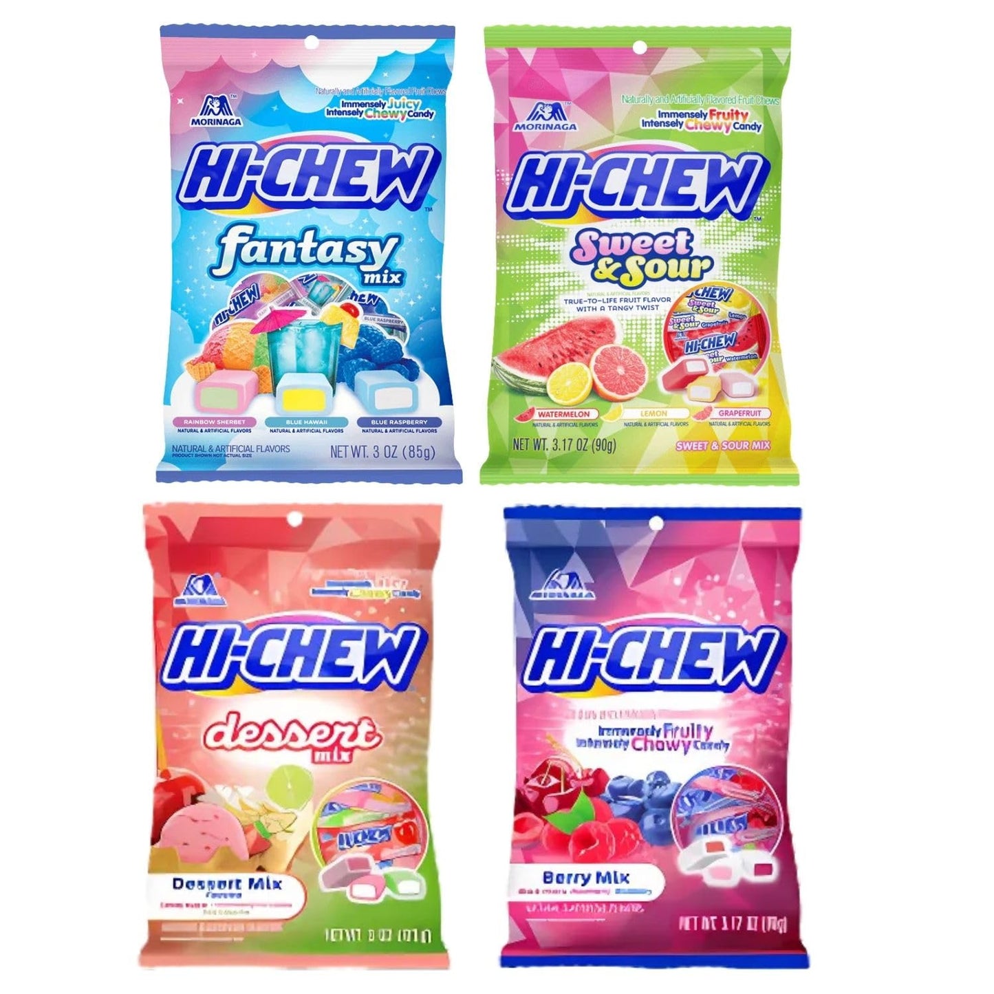 Hi Chew Candy Variety Mix, Pack of 4 Bags – 12 Flavor Assortment of Soft & Chewy Fruit Candy – Includes Fantasy Mix, Sweet & Sour, Berry, and Dessert Flavors – Individually Wrapped for Sharing & Snacking