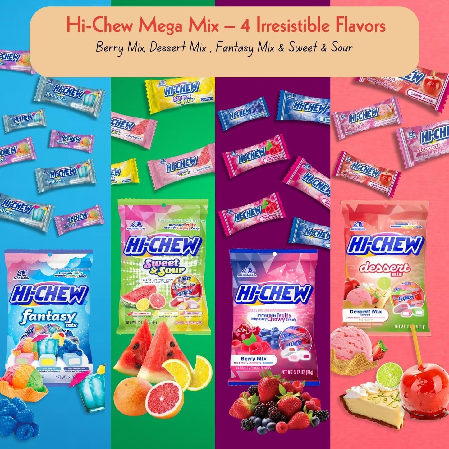 Hi Chew Candy Variety Mix, Pack of 4 Bags – 12 Flavor Assortment of Soft & Chewy Fruit Candy – Includes Fantasy Mix, Sweet & Sour, Berry, and Dessert Flavors – Individually Wrapped for Sharing & Snacking