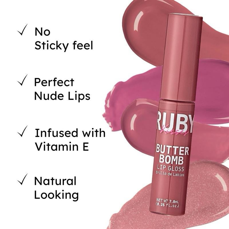 Ruby Kisses Lip Gloss Butter Bomb Gloss Non-Sticky Lip Gloss with Vitamin E Natural Nude Lip Makeup 7.8mL 0.26 US fl oz Glossy Cosmetic