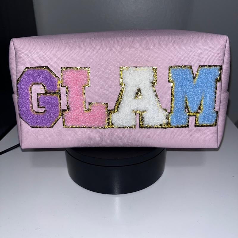Glam Multicolor Personalized Letter Patch Travel Bag - Glitter Letter Design in Pink with Purple, Blue, and White Accents