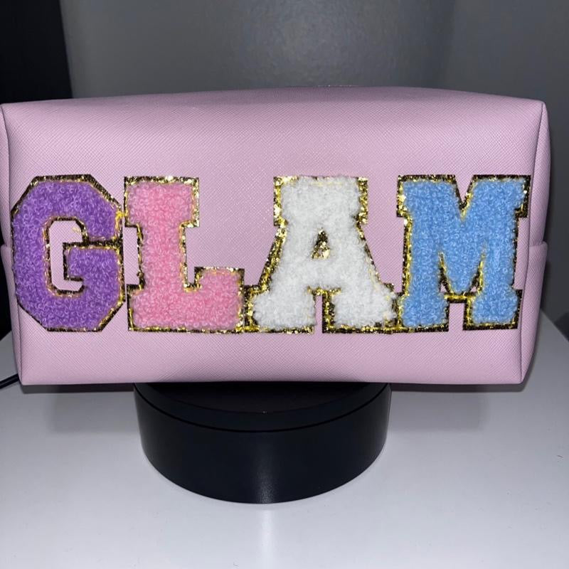 Glam Multicolor Personalized Letter Patch Travel Bag - Glitter Letter Design in Pink with Purple, Blue, and White Accents