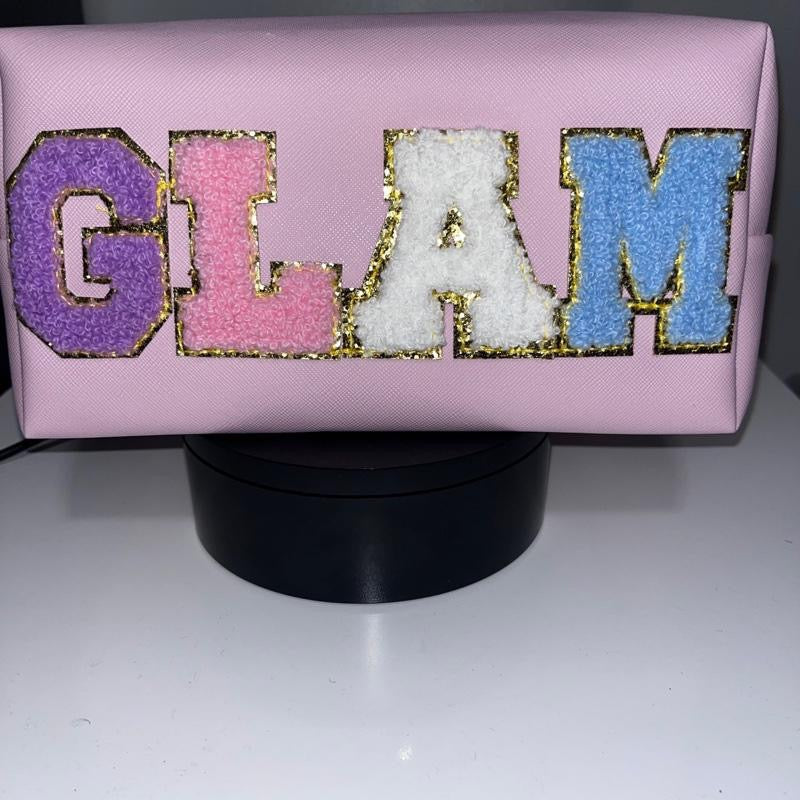 Glam Multicolor Personalized Letter Patch Travel Bag - Glitter Letter Design in Pink with Purple, Blue, and White Accents