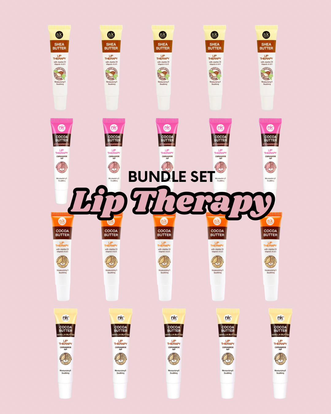 NK Lip Therapy 20-Pack Bundle - Strawberry Vanilla Cocoa & Shea Ultra-Moisturizing Lip Care Set for Soft Lips