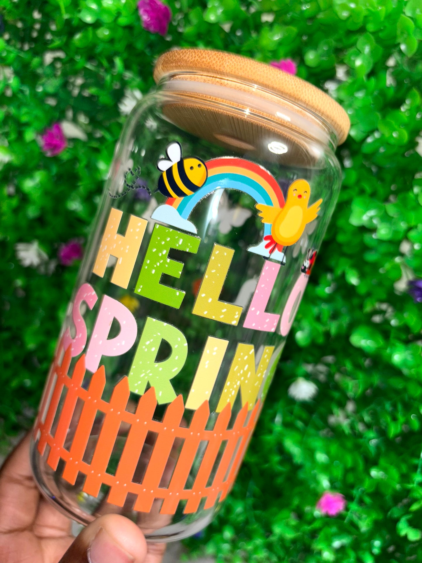 Hello Spring Floral 16oz Glass Tumbler with Straw & Lid | Aesthetic Iced Coffee Cup | Cute Pastel Flower Libbey Style Can Cup | Easter Gift for He