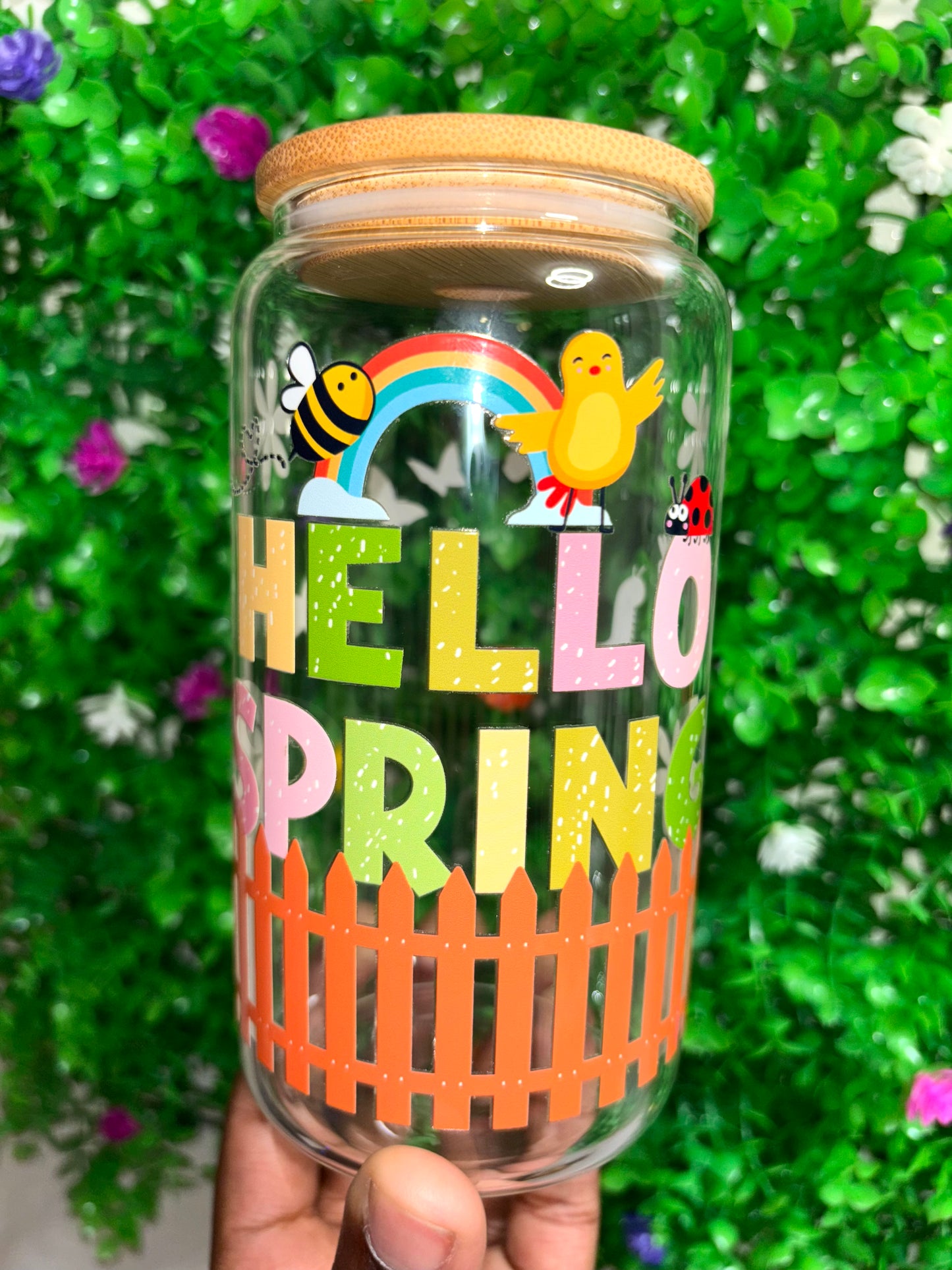Hello Spring Floral 16oz Glass Tumbler with Straw & Lid | Aesthetic Iced Coffee Cup | Cute Pastel Flower Libbey Style Can Cup | Easter Gift for He