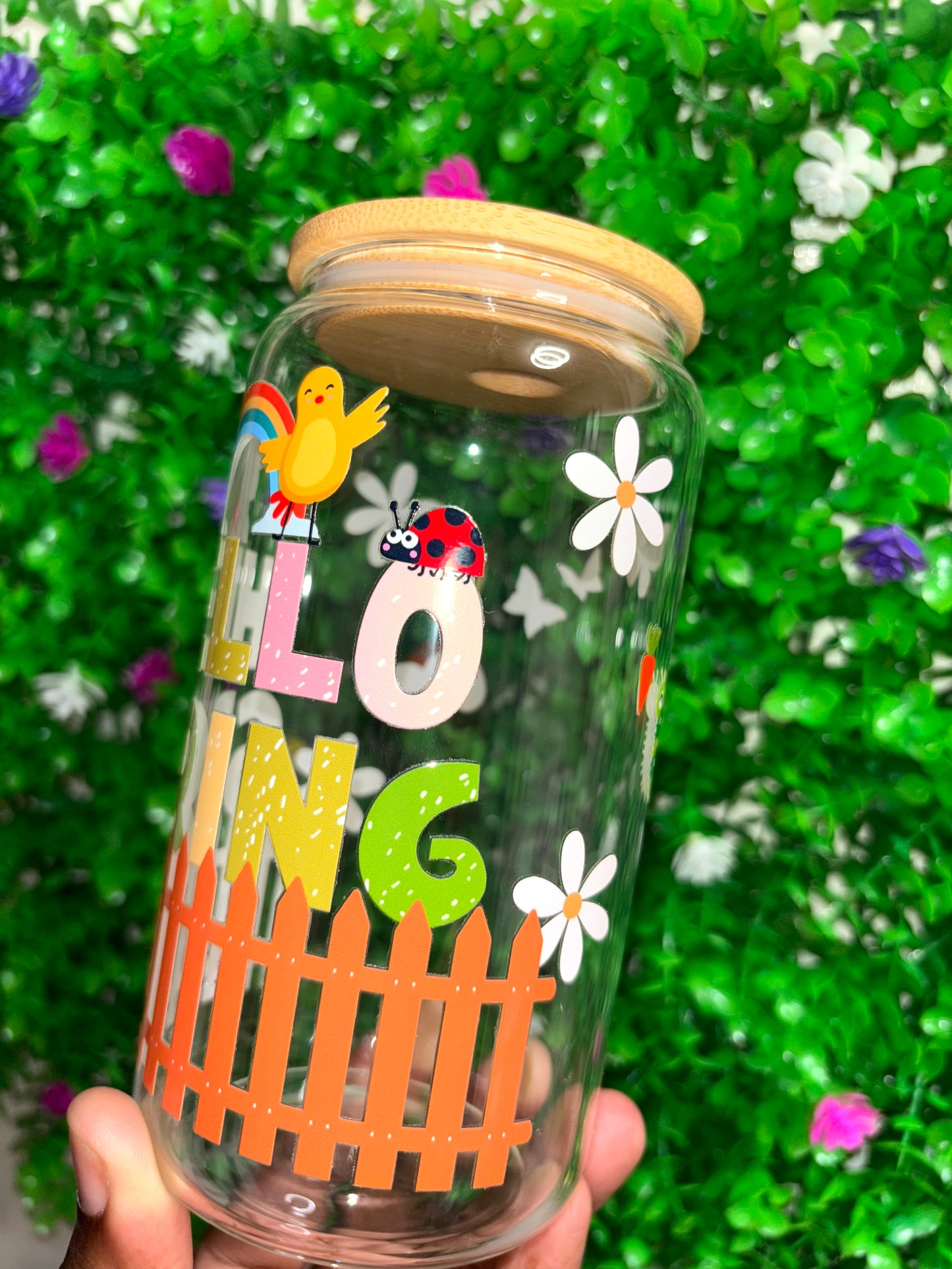 Hello Spring Floral 16oz Glass Tumbler with Straw & Lid | Aesthetic Iced Coffee Cup | Cute Pastel Flower Libbey Style Can Cup | Easter Gift for He