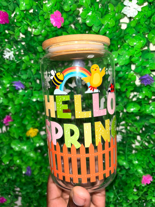 Hello Spring Floral 16oz Glass Tumbler with Straw & Lid | Aesthetic Iced Coffee Cup | Cute Pastel Flower Libbey Style Can Cup | Easter Gift for He