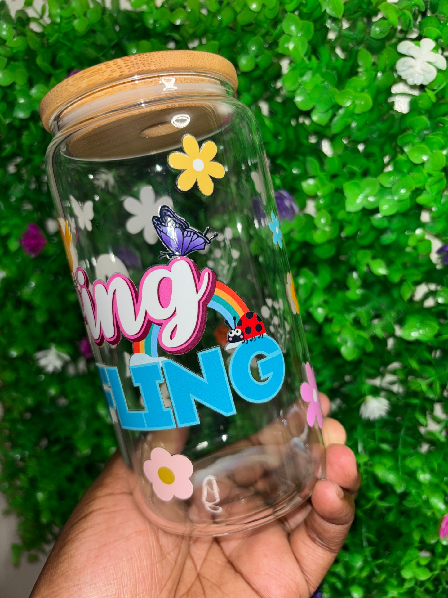 Spring Fling 16oz Glass Tumbler with Straw & Lid | Aesthetic Iced Coffee Cup | Cute Pastel Flower Libbey Style Can Cup | Easter Gift for Her