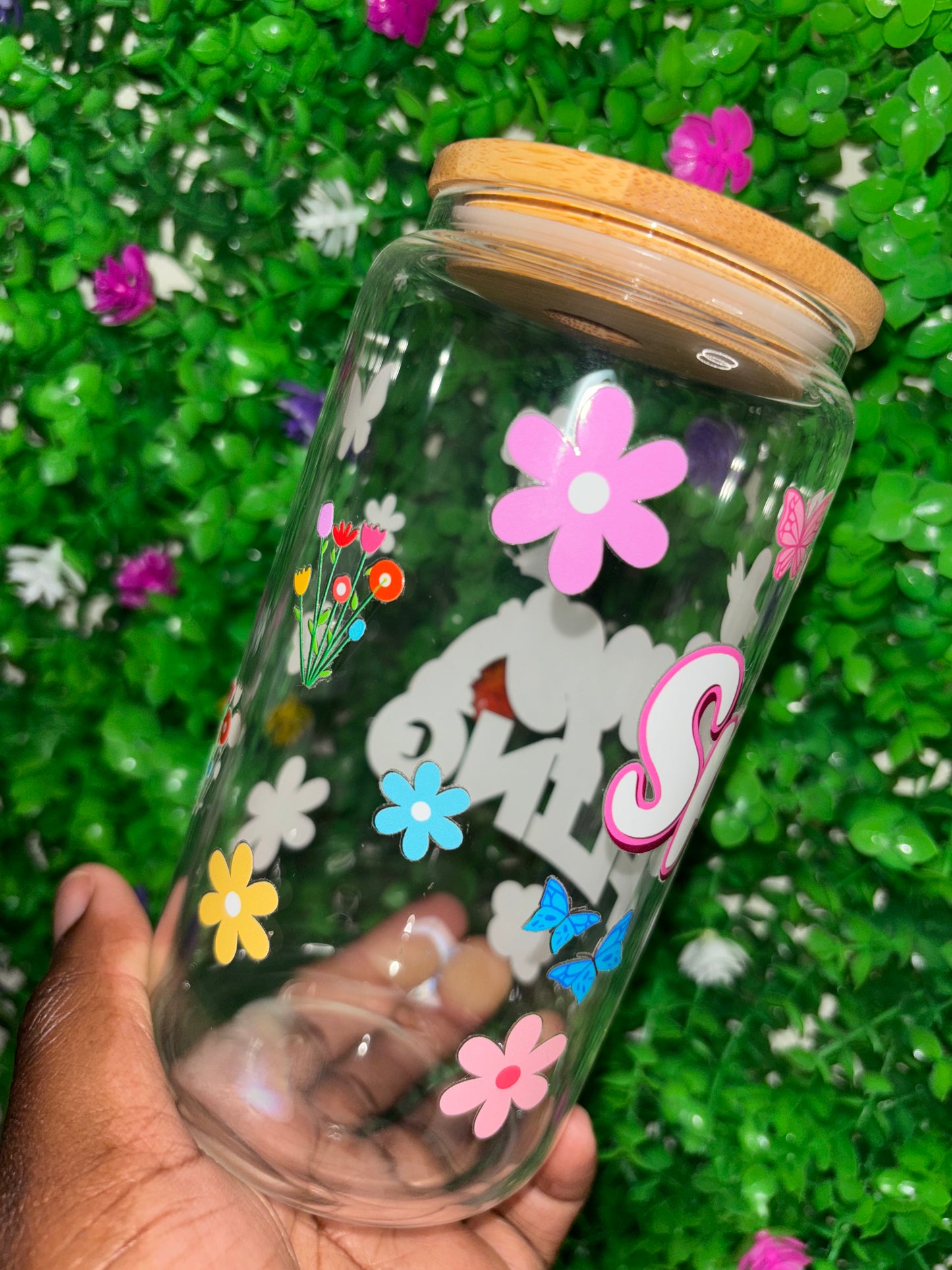 Spring Fling 16oz Glass Tumbler with Straw & Lid | Aesthetic Iced Coffee Cup | Cute Pastel Flower Libbey Style Can Cup | Easter Gift for Her