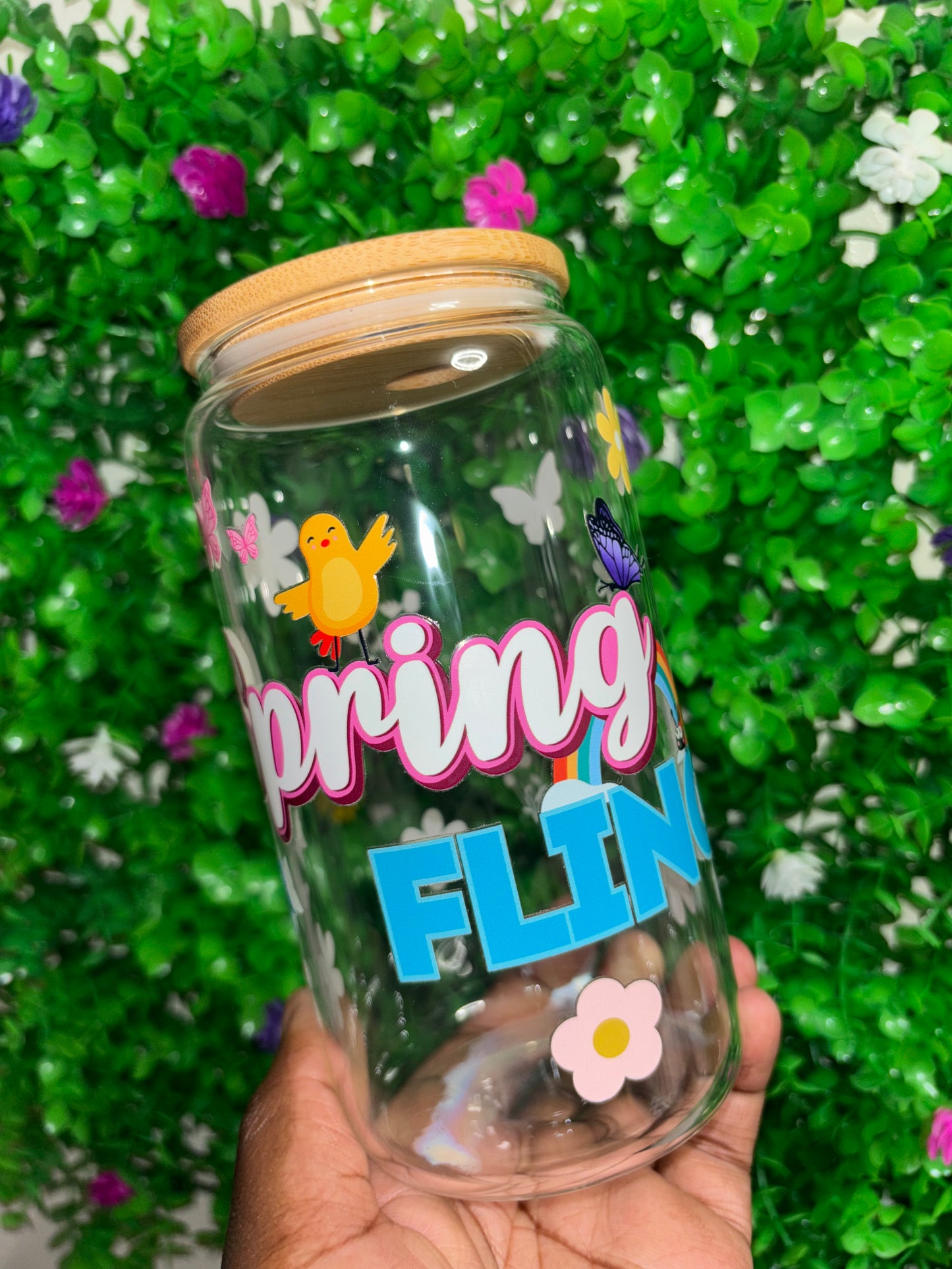 Spring Fling 16oz Glass Tumbler with Straw & Lid | Aesthetic Iced Coffee Cup | Cute Pastel Flower Libbey Style Can Cup | Easter Gift for Her