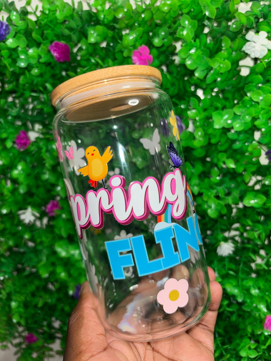 Spring Fling 16oz Glass Tumbler with Straw & Lid | Aesthetic Iced Coffee Cup | Cute Pastel Flower Libbey Style Can Cup | Easter Gift for Her